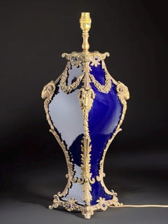 c.1920 French Sèvres-Style Cobalt Glass & Ormolu Table Lamp with Ram Heads, 22in