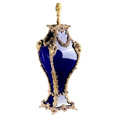 c.1920 French Sèvres-Style Cobalt Glass & Ormolu Table Lamp with Ram Heads, 22in