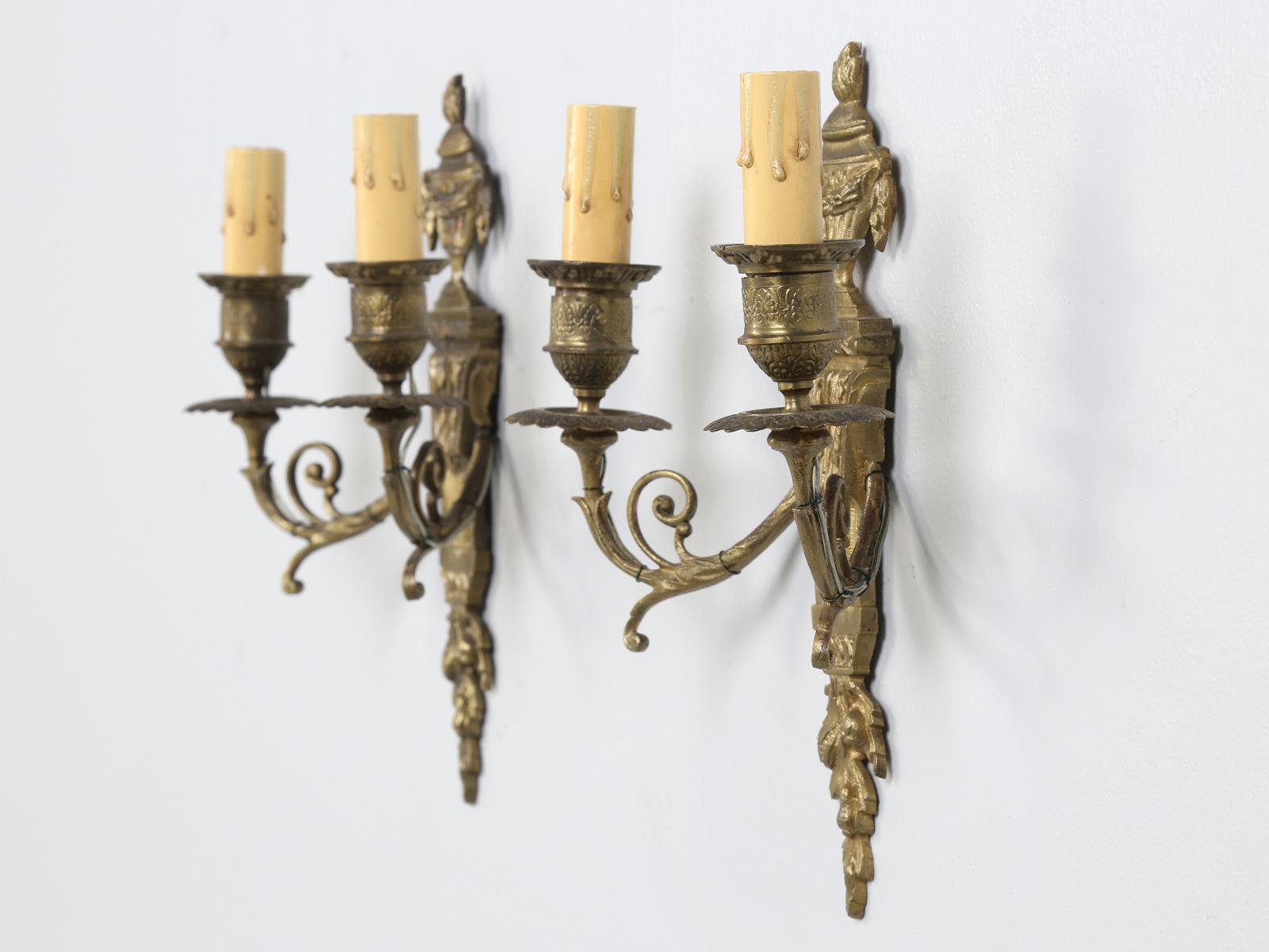 c.1920 Pair of Petite French Bronze 2-Light Sconces In Good Condition In Chicago, IL