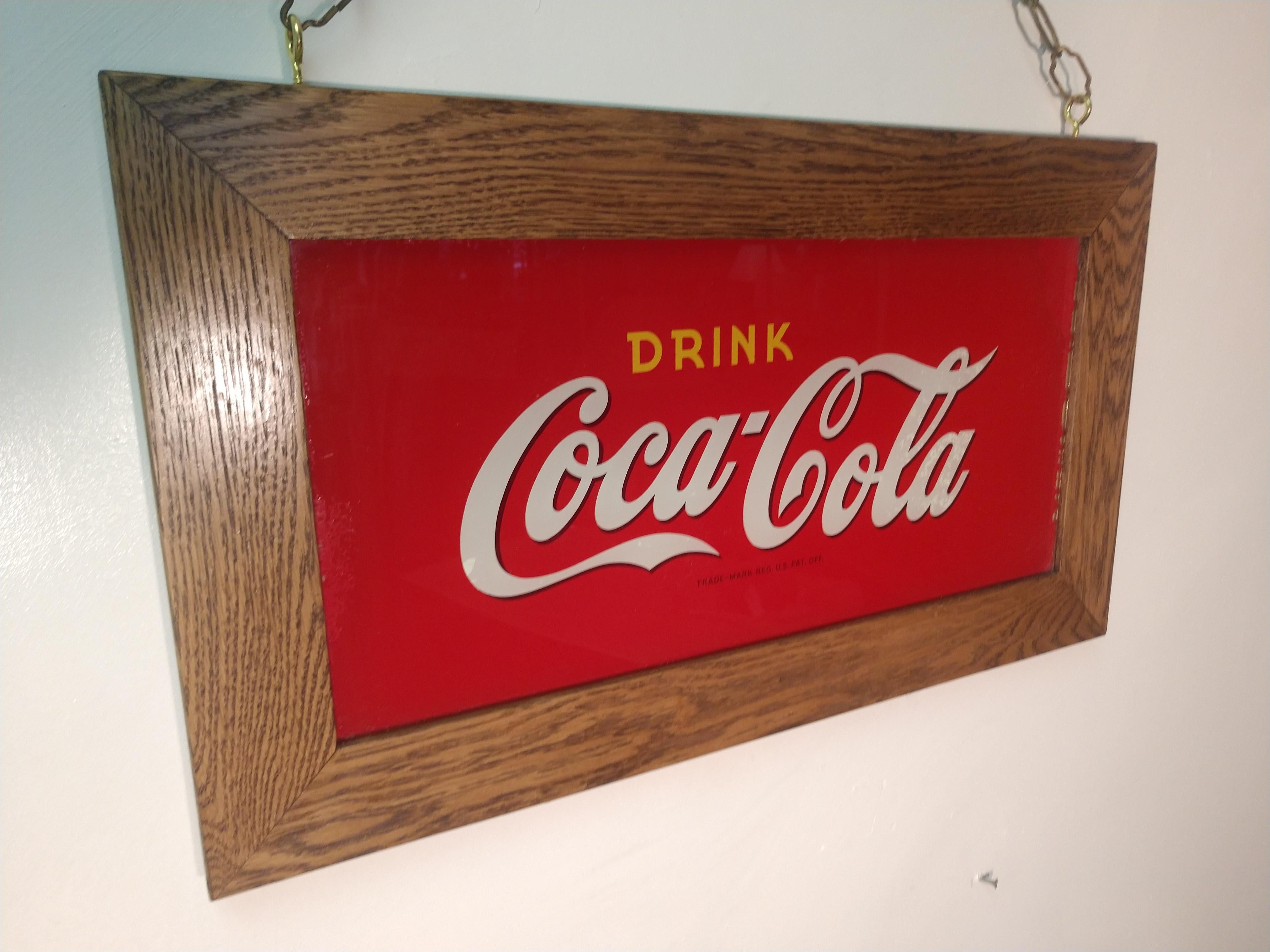 Antike Reverse Painted Glass Drink Coca Cola Sign Ice Cream Parlour circa 1920 (Messing) im Angebot