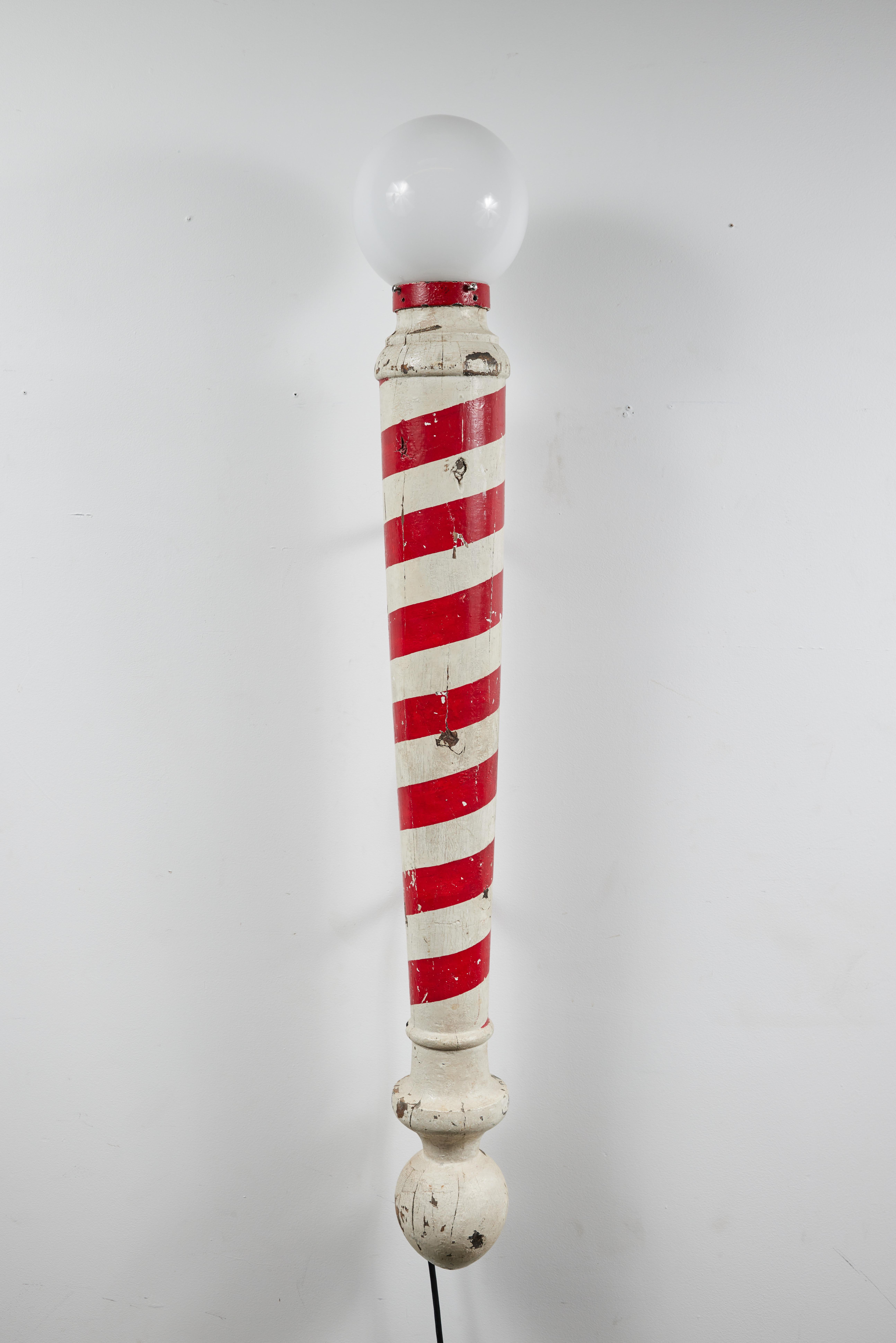 Wood Carved Red and White American Folk Art Barber Pole Trade Sign Sconce, C1920 For Sale 5