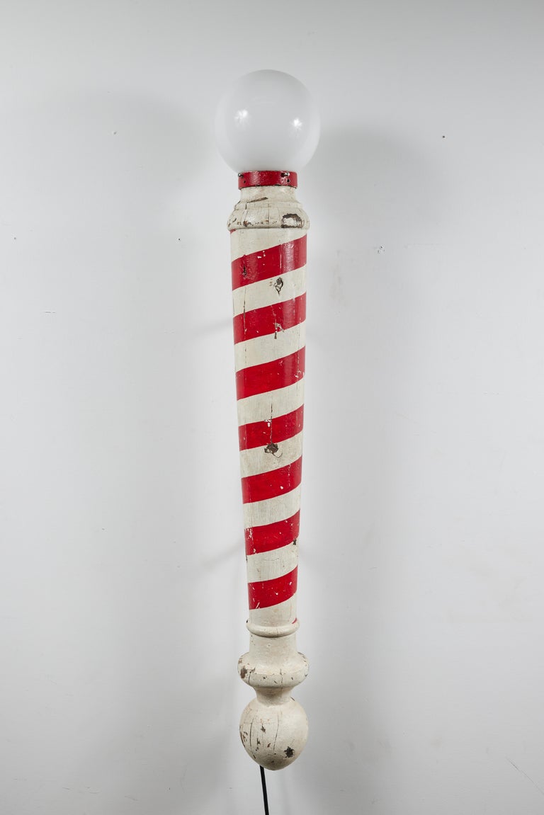 Wood Carved Red and White American Folk Art Barber Pole Trade Sign Sconce, C1920 For Sale 6