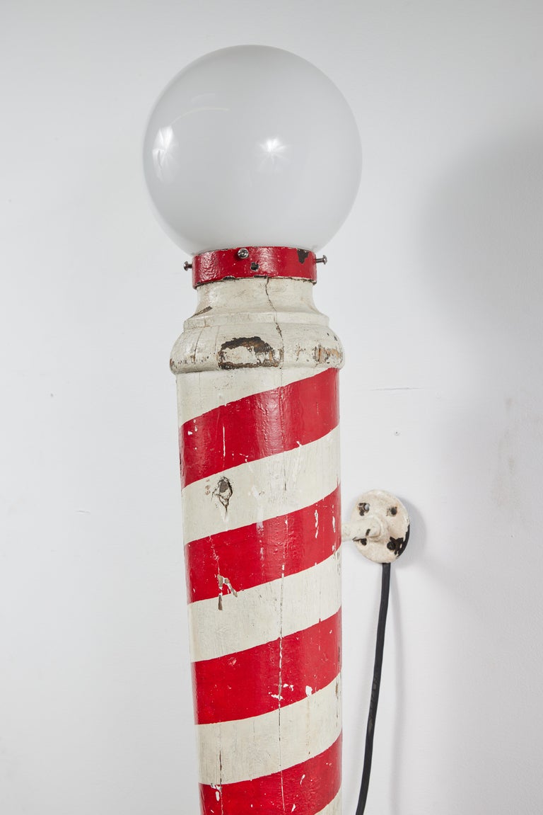 Wood Carved Red and White American Folk Art Barber Pole Trade Sign Sconce, C1920 For Sale 8