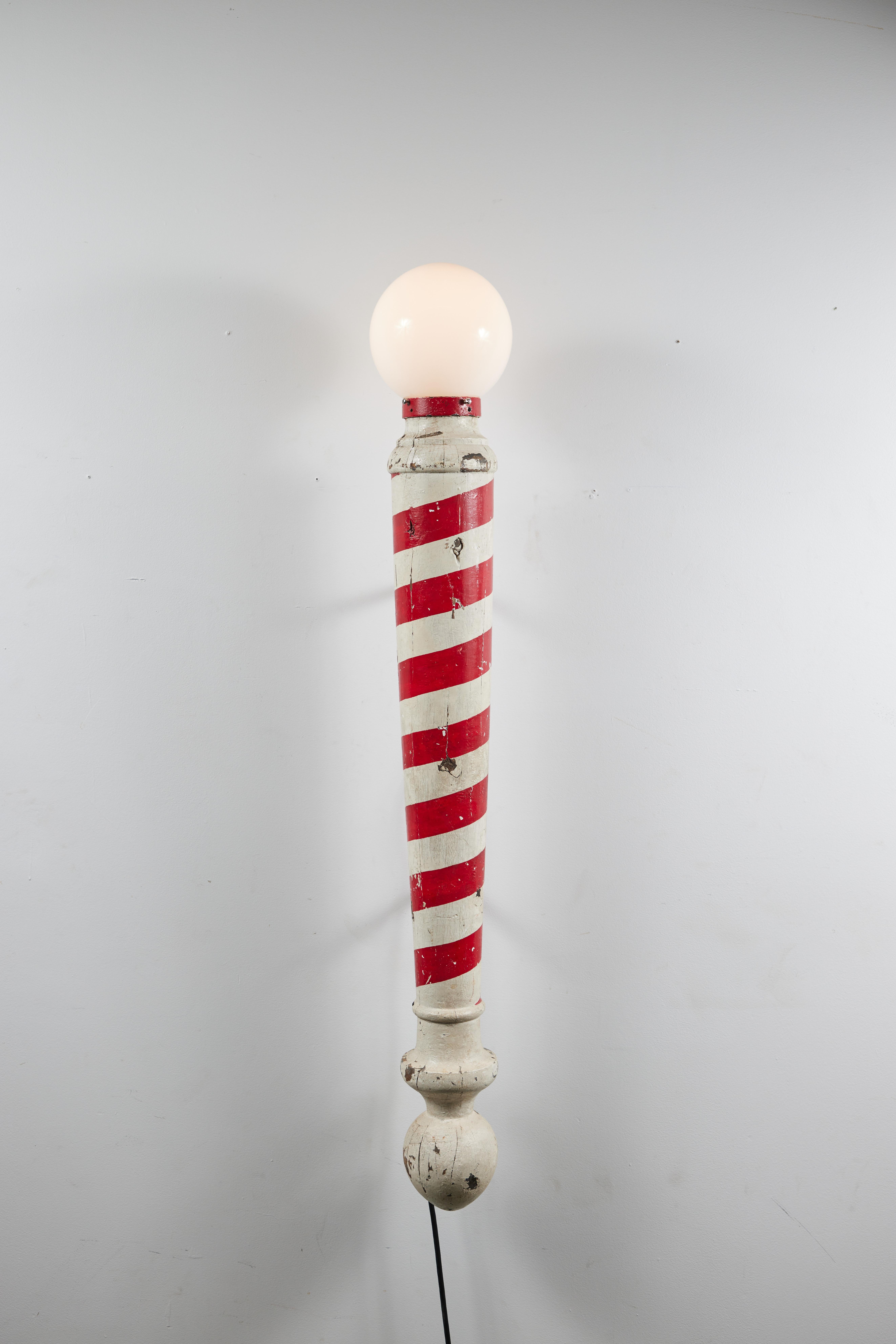 North American Wood Carved Red and White American Folk Art Barber Pole Trade Sign Sconce, C1920 For Sale