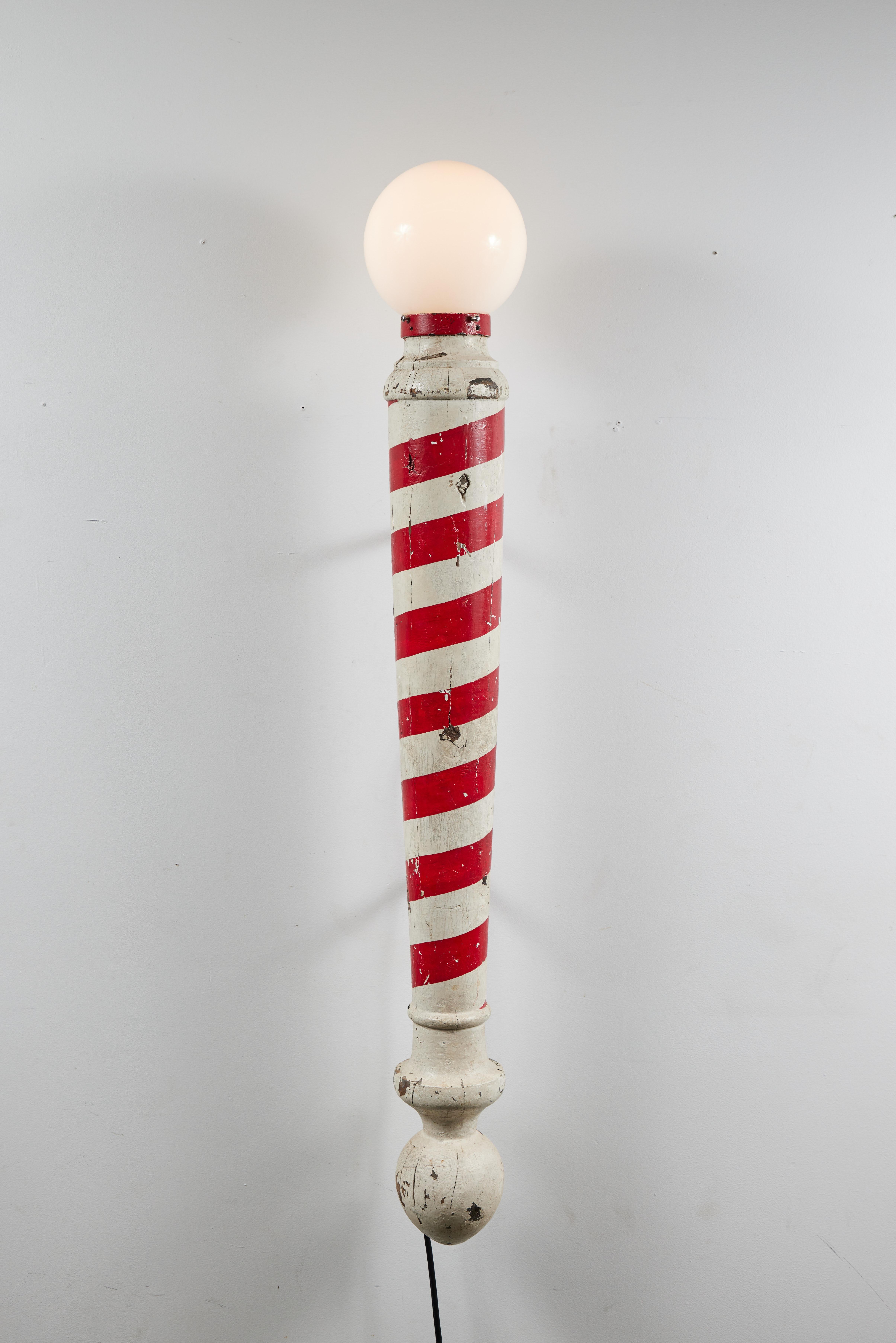 Hand-Painted Wood Carved Red and White American Folk Art Barber Pole Trade Sign Sconce, C1920 For Sale