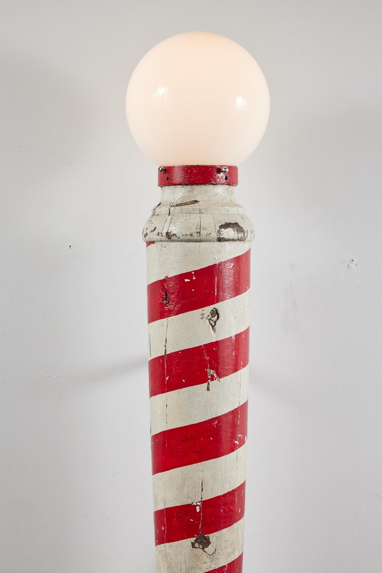 Early 20th Century Wood Carved Red and White American Folk Art Barber Pole Trade Sign Sconce, C1920 For Sale