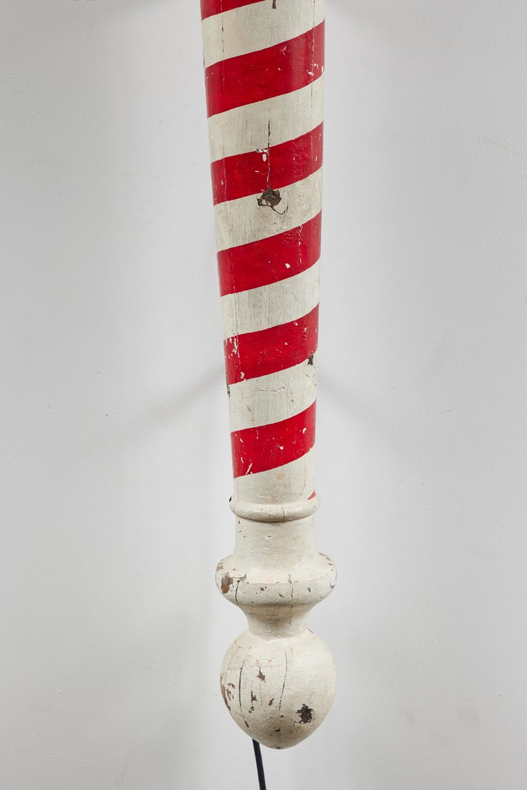 Iron Wood Carved Red and White American Folk Art Barber Pole Trade Sign Sconce, C1920 For Sale