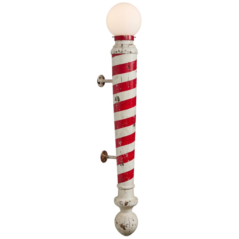 Wood Carved Red and White American Folk Art Barber Pole Trade Sign Sconce, C1920 For Sale