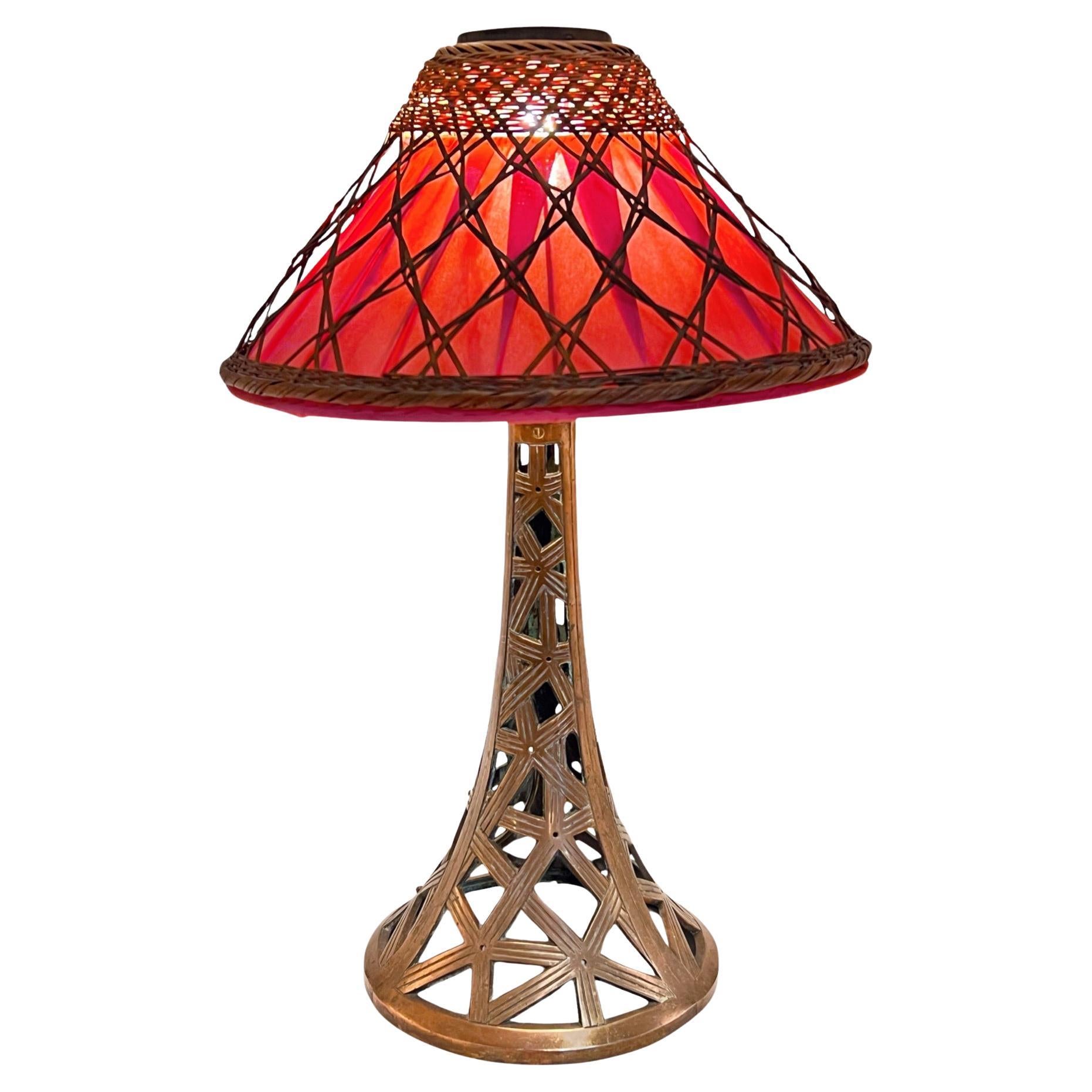 c.1920s-30s Arts & Crafts Bronze and Rattan Table Lamp