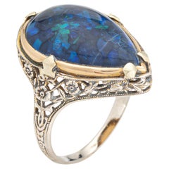 c1920s Art Deco Black Opal Ring Antique 14k White Gold Filigree Sz 7 Jewelry