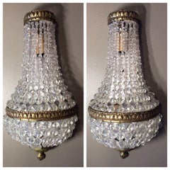 c1920's Empire style/ Regency Cascade Cut Crystal & Bronze Bag & Tent Sconces