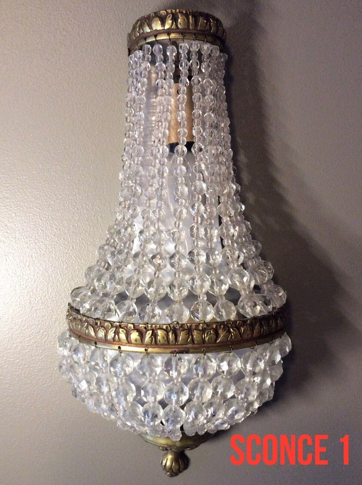 French c1920's Empire style/ Regency Cascading Cut Crystal & Bronze Bag & Tent Sconces For Sale