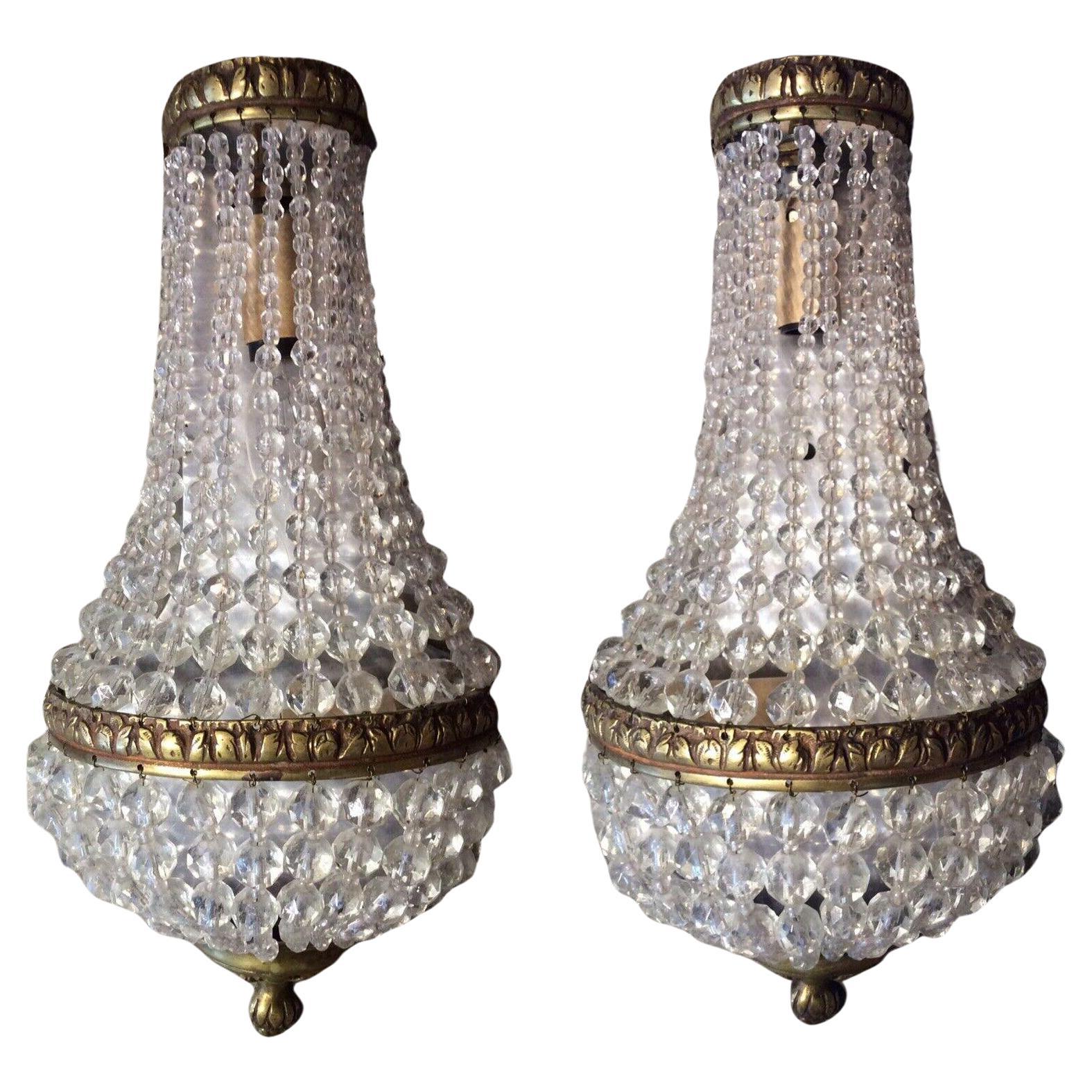 c1920's Empire style/ Regency Cascading Cut Crystal & Bronze Bag & Tent Sconces