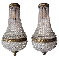 Antique c1920's Empire style/ Regency Cascading Cut Crystal & Bronze Bag & Tent Sconces