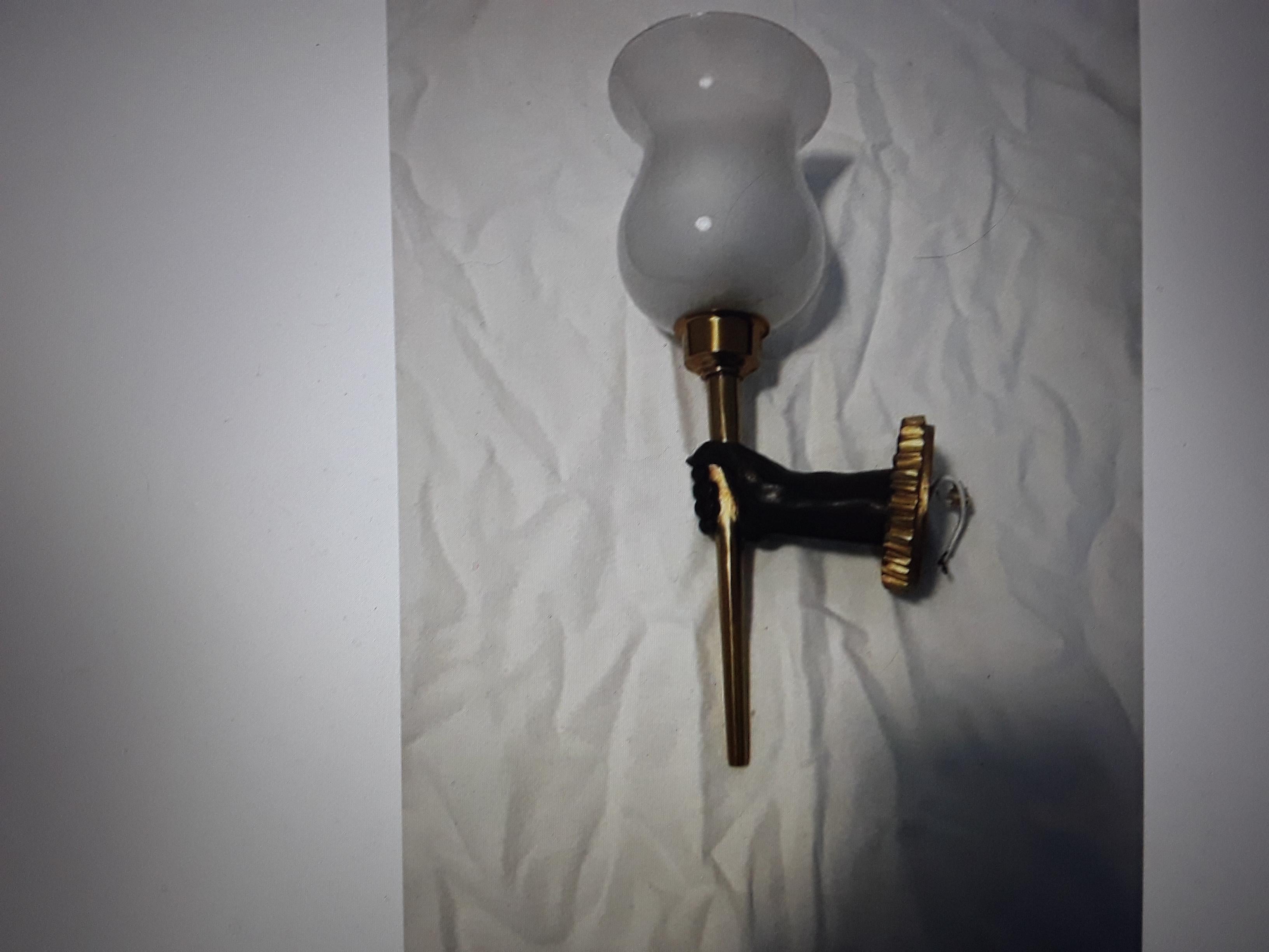 C1920s French Art Deco Gilt & Patinaded Bronze Fist Torch Opaline Shade  Sconce For Sale 8