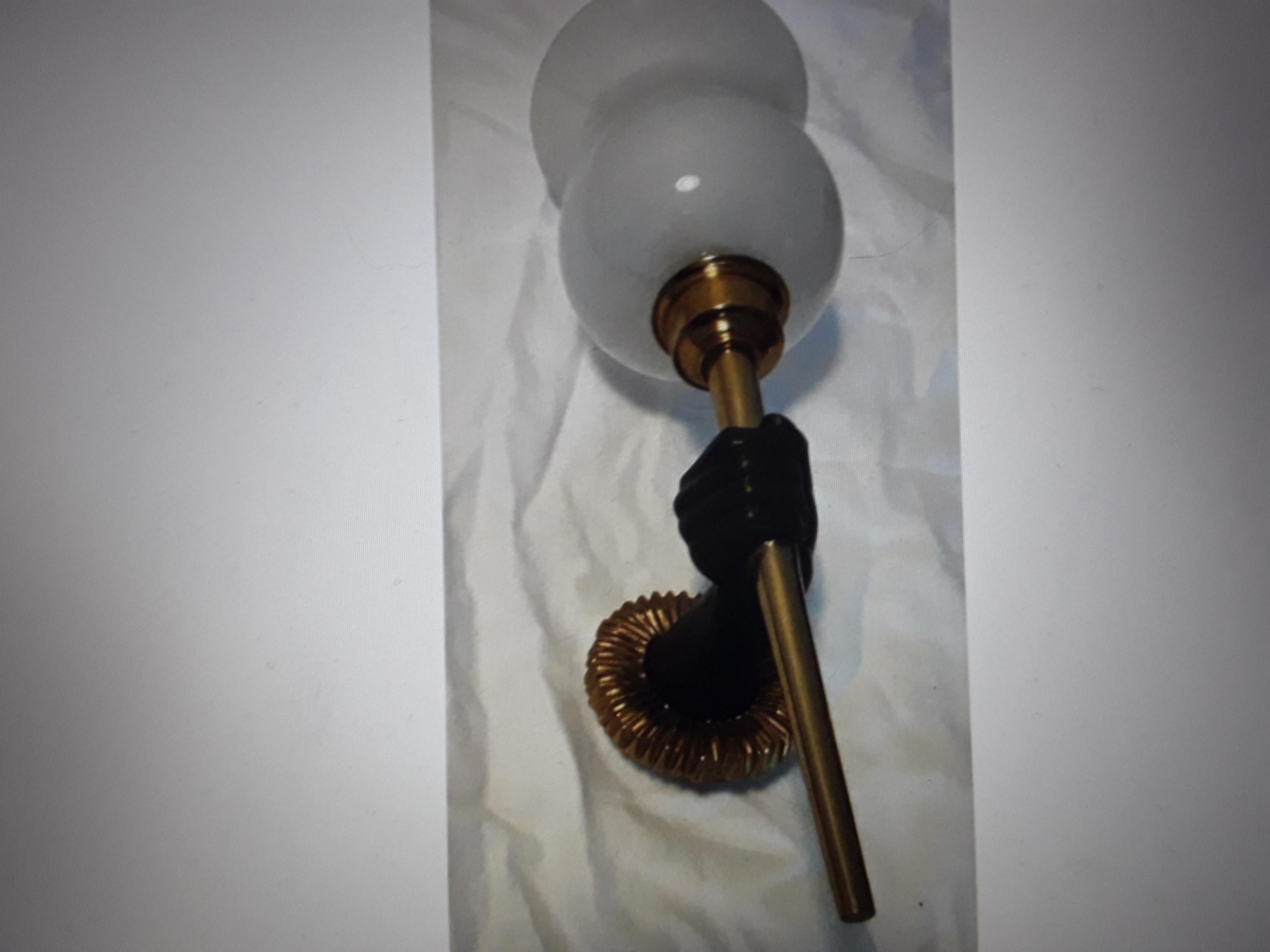 C1920s French Art Deco Gilt & Patinaded Bronze Fist Torch Opaline Shade  Sconce For Sale 9