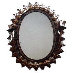 c1920s French Art Deco Giltmetal Large Floral Burst Wall Mirror w/ Lights Bagues