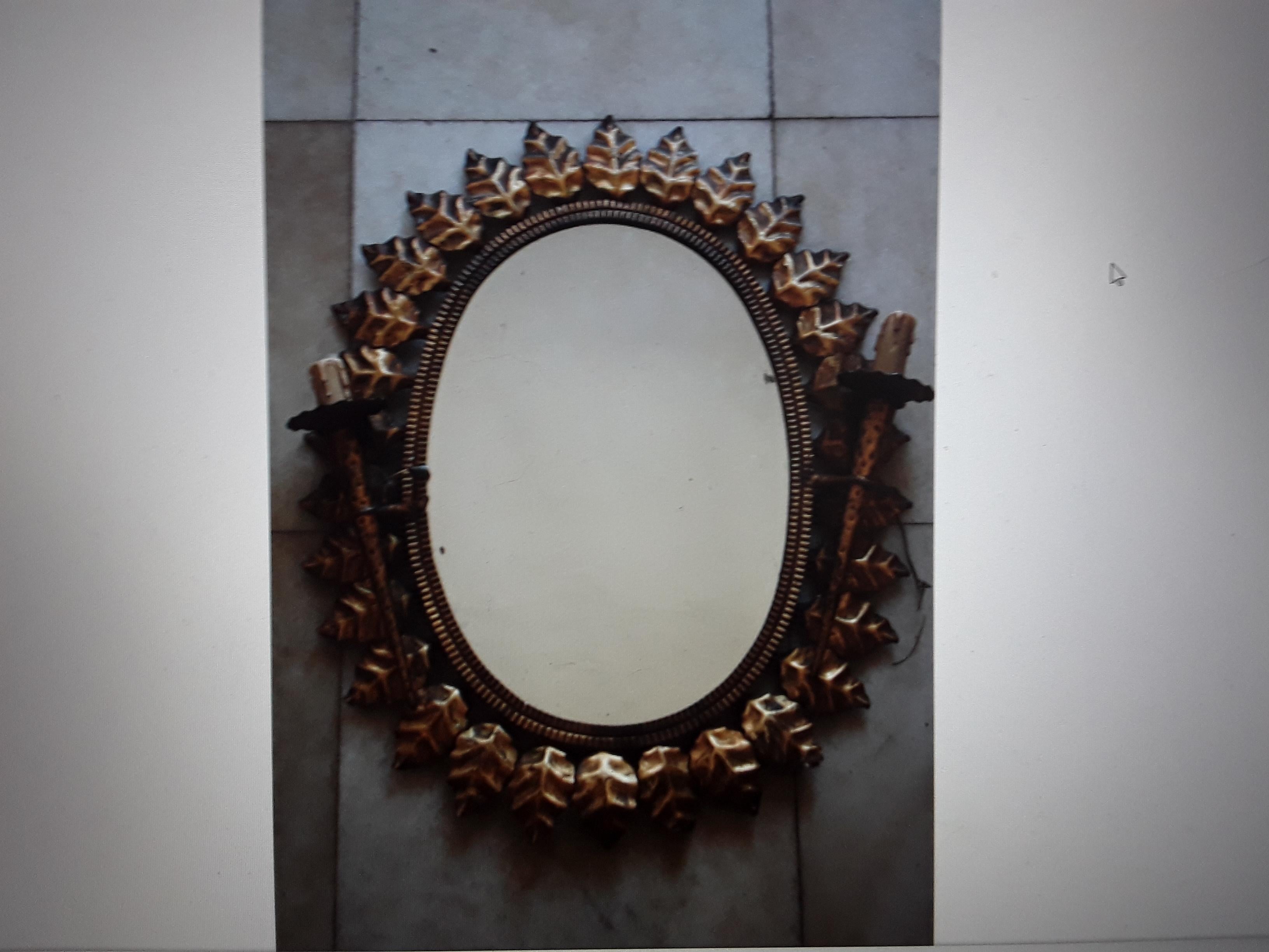Metal c1920s French Art Deco Giltmetal Large Floral Burst Wall Mirror w/ Lights Bagues For Sale