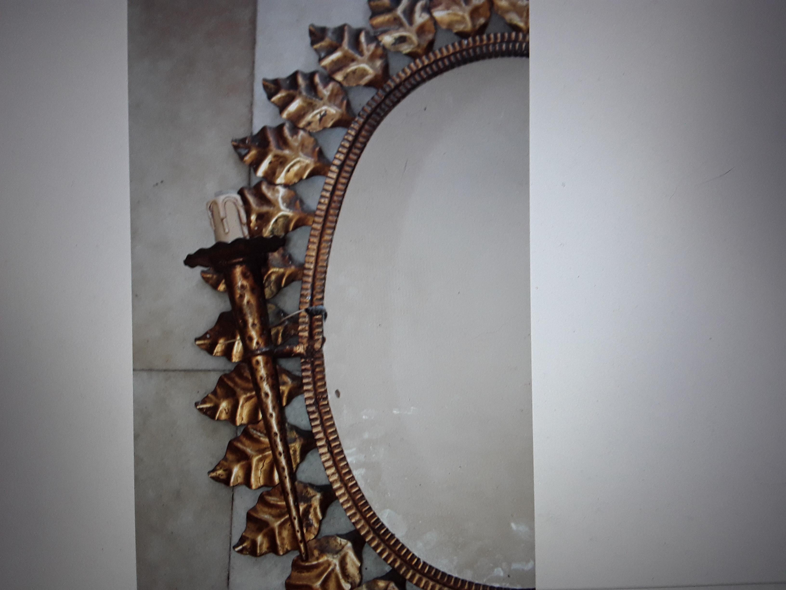 c1920s French Art Deco Giltmetal Large Floral Burst Wall Mirror w/ Lights Bagues For Sale 2