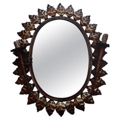 c1920s French Art Deco Giltmetal Large Floral Burst Wall Mirror w/ Lights Bagues