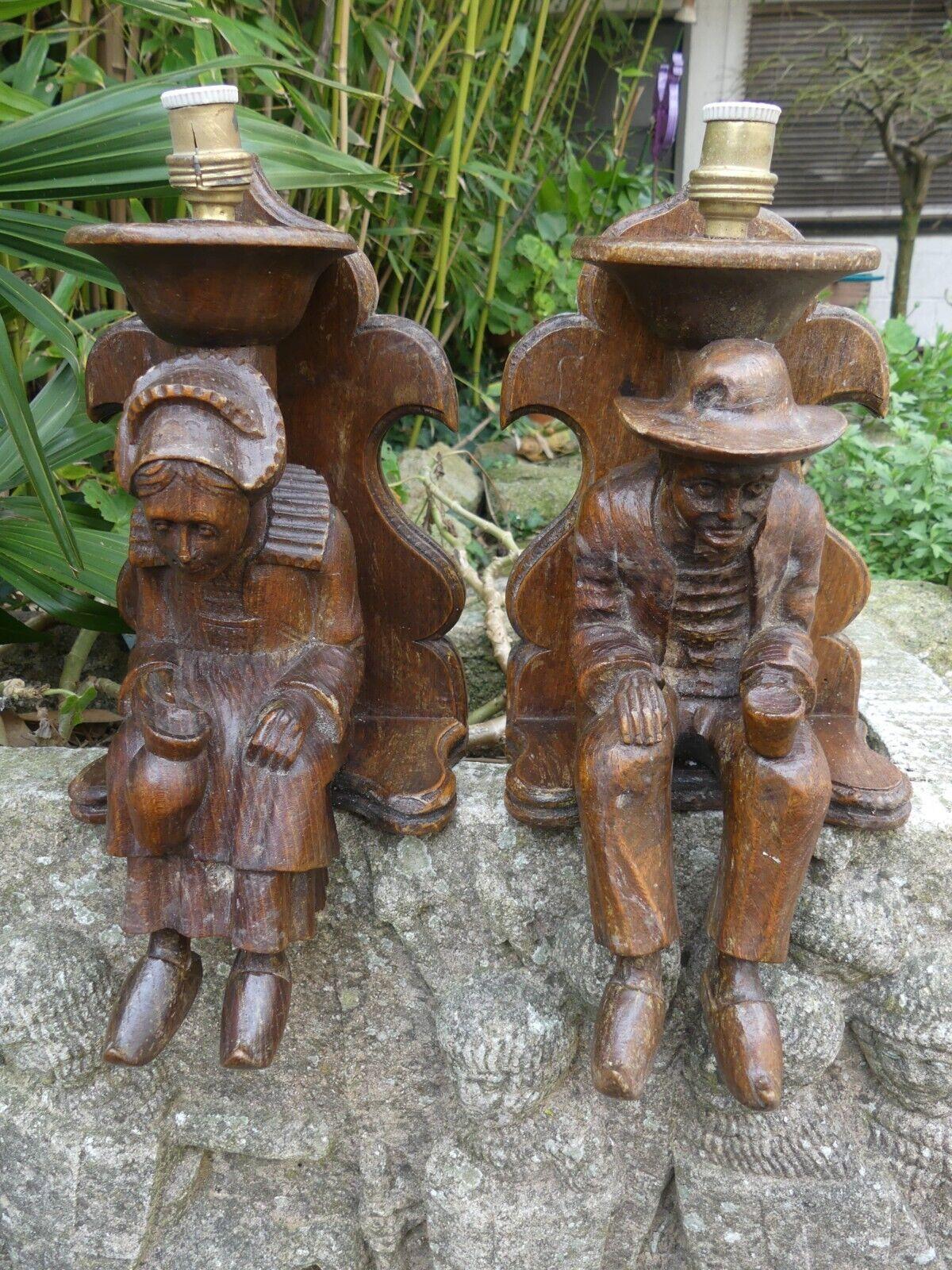 c1920's French Folk Art/ Carved Wood Figural Breton Couple Wall Sconces For Sale 6