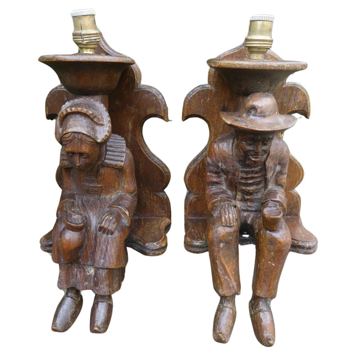 c1920's French Folk Art/ Carved Wood Figural Breton Couple Wall Sconces