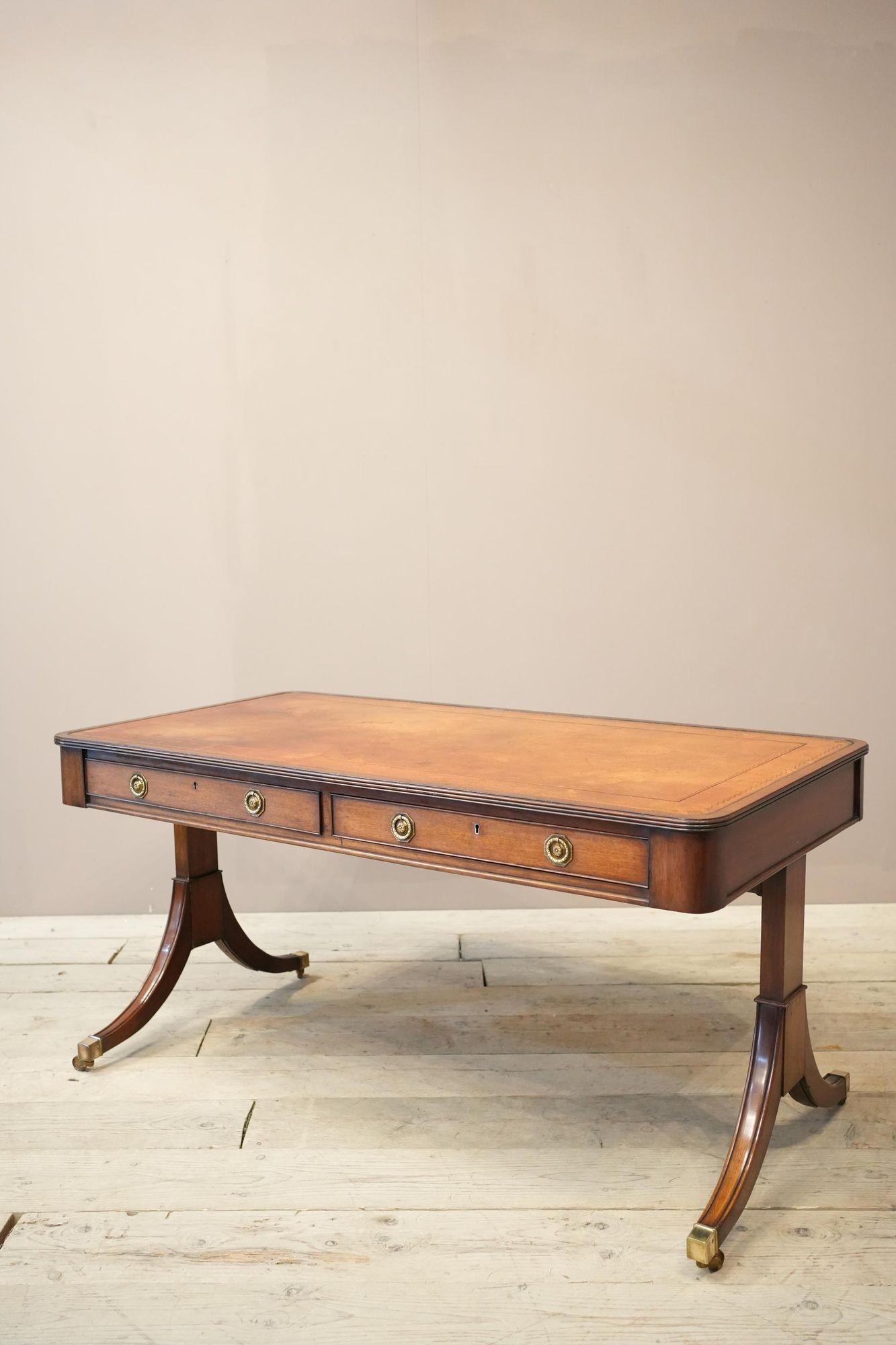 c.1920's Georgian style mahogany and tan leather desk 14
