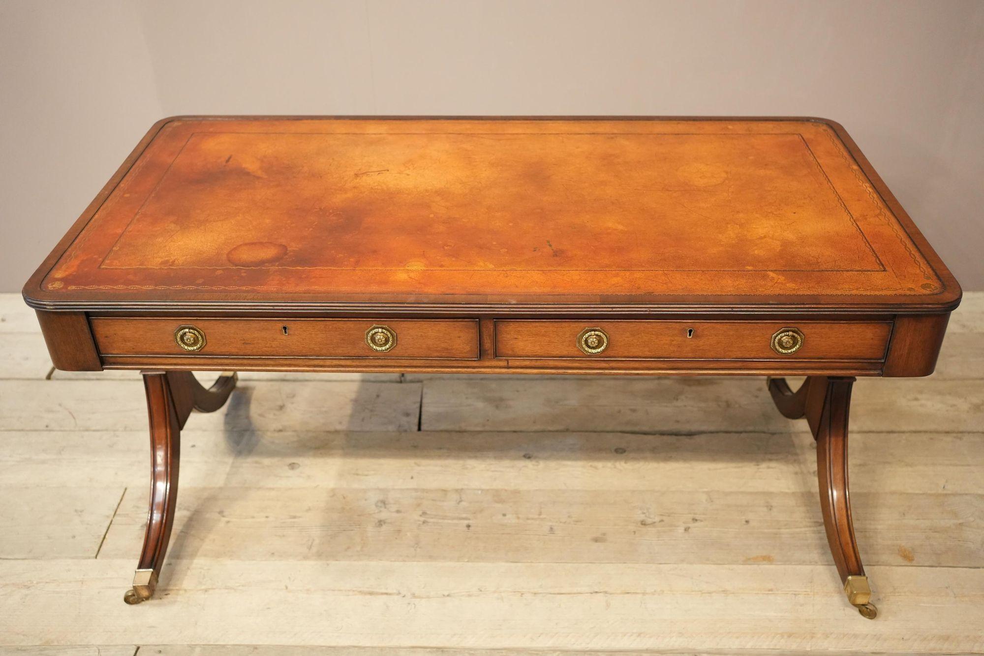 c.1920's Georgian style mahogany and tan leather desk 4