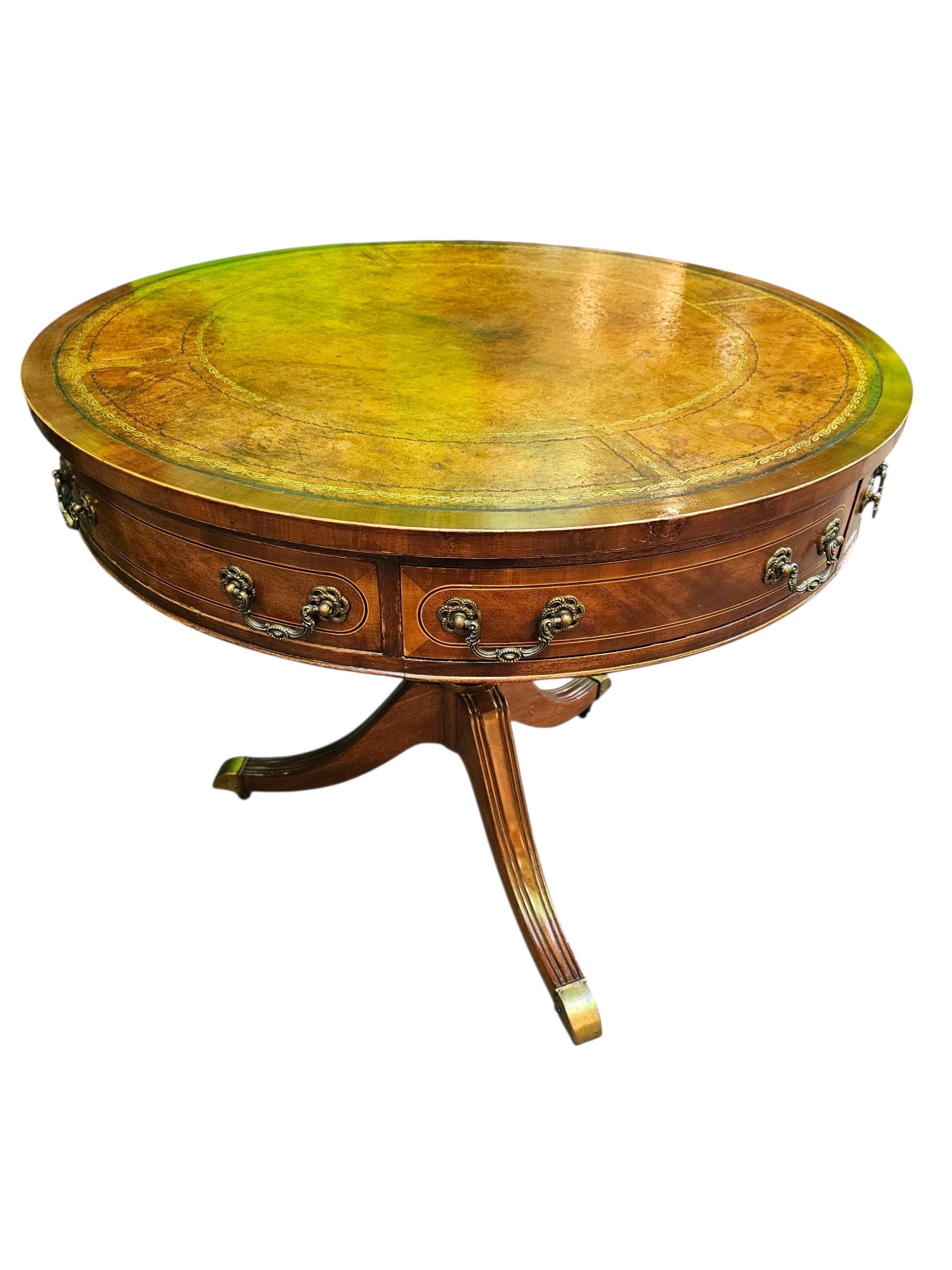 European C1920s Leather Topped Drum Table For Sale