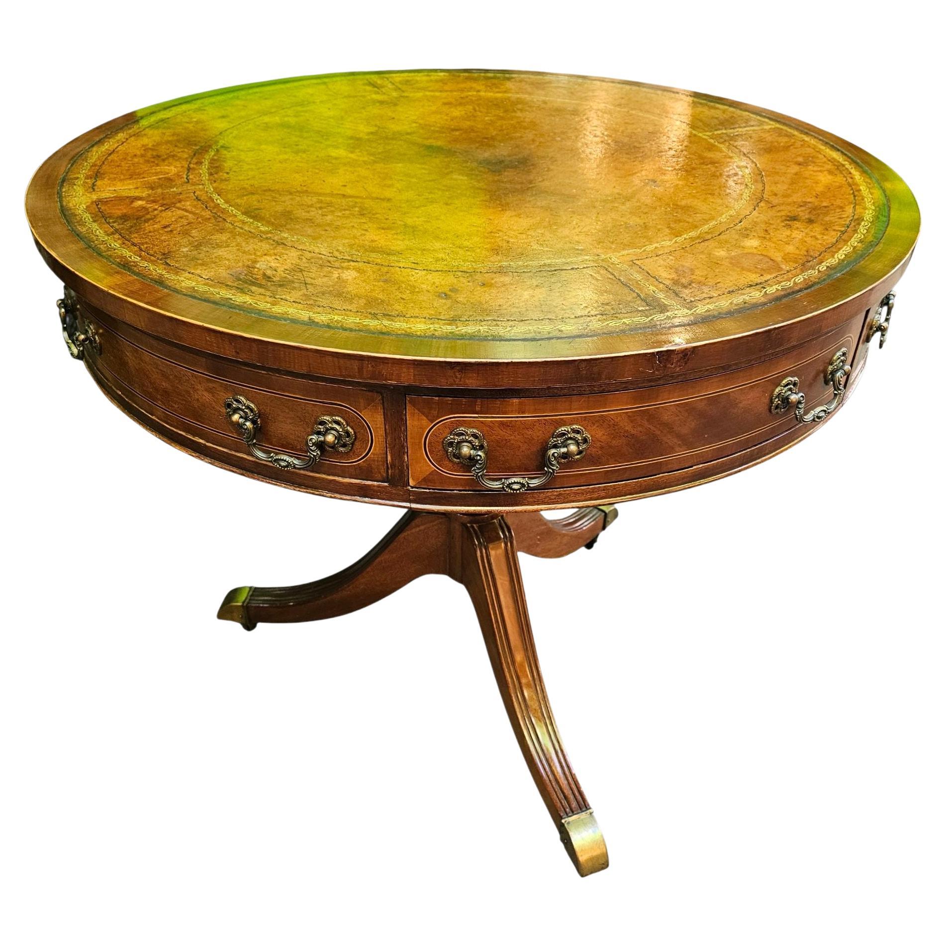 C1920s Leather Topped Drum Table For Sale
