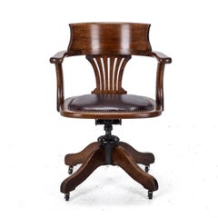 C1920s Oak Leather Upholstered Swivel Adjustable Desk Armchair