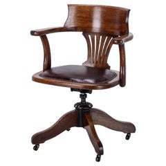 C1920s Oak Leather Upholstered Swivel Adjustable Desk Armchair