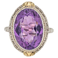 c1920s Vintage Art Deco Amethyst Ring Filigree 18k White Gold Oval Sz 10