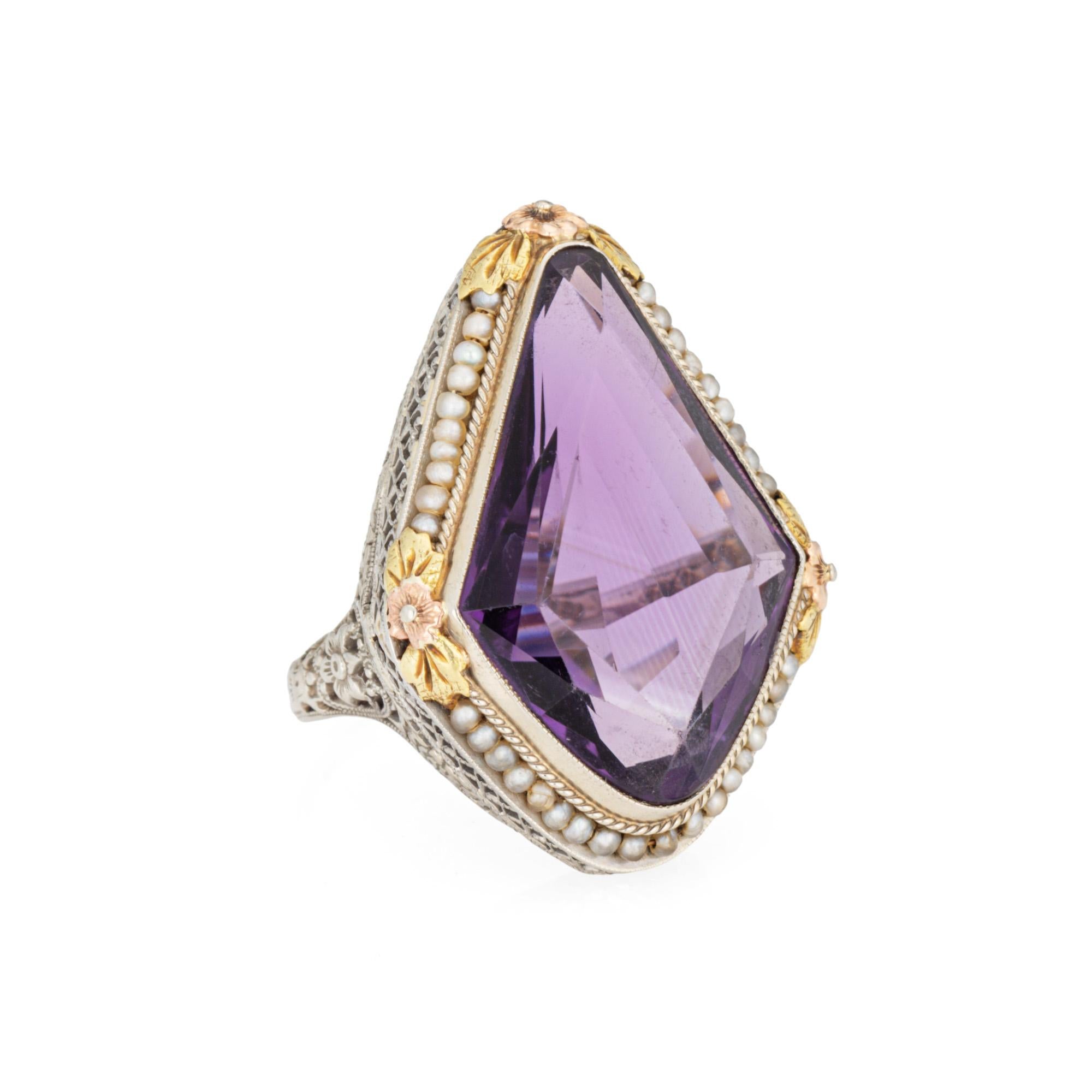 Kite Cut c1920s Vintage Art Deco Amethyst Ring Pearl Filigree 18k White Gold Oval Sz 8 For Sale