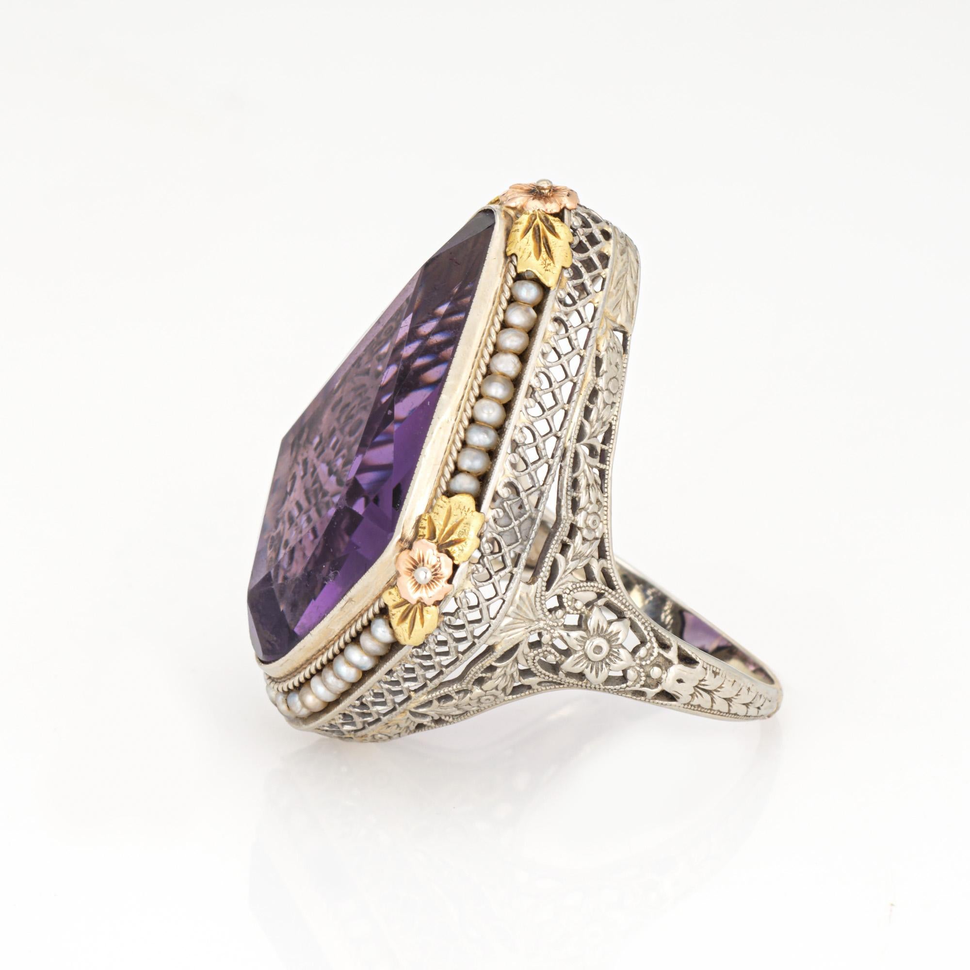 c1920s Vintage Art Deco Amethyst Ring Pearl Filigree 18k White Gold Oval Sz 8 In Good Condition For Sale In Torrance, CA