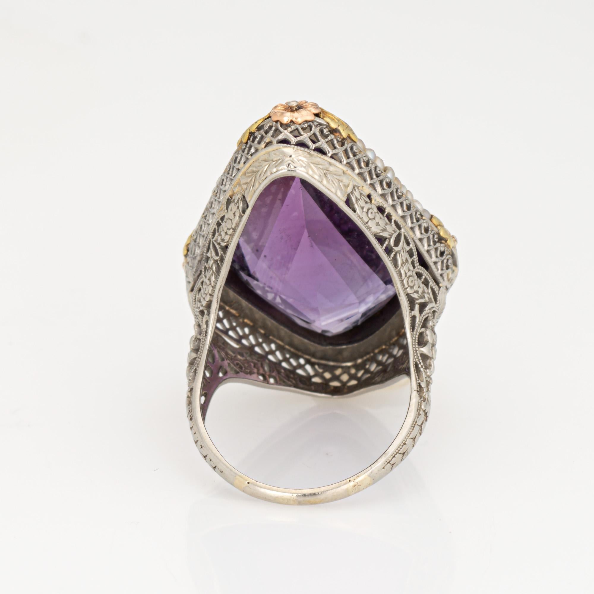 Women's c1920s Vintage Art Deco Amethyst Ring Pearl Filigree 18k White Gold Oval Sz 8 For Sale