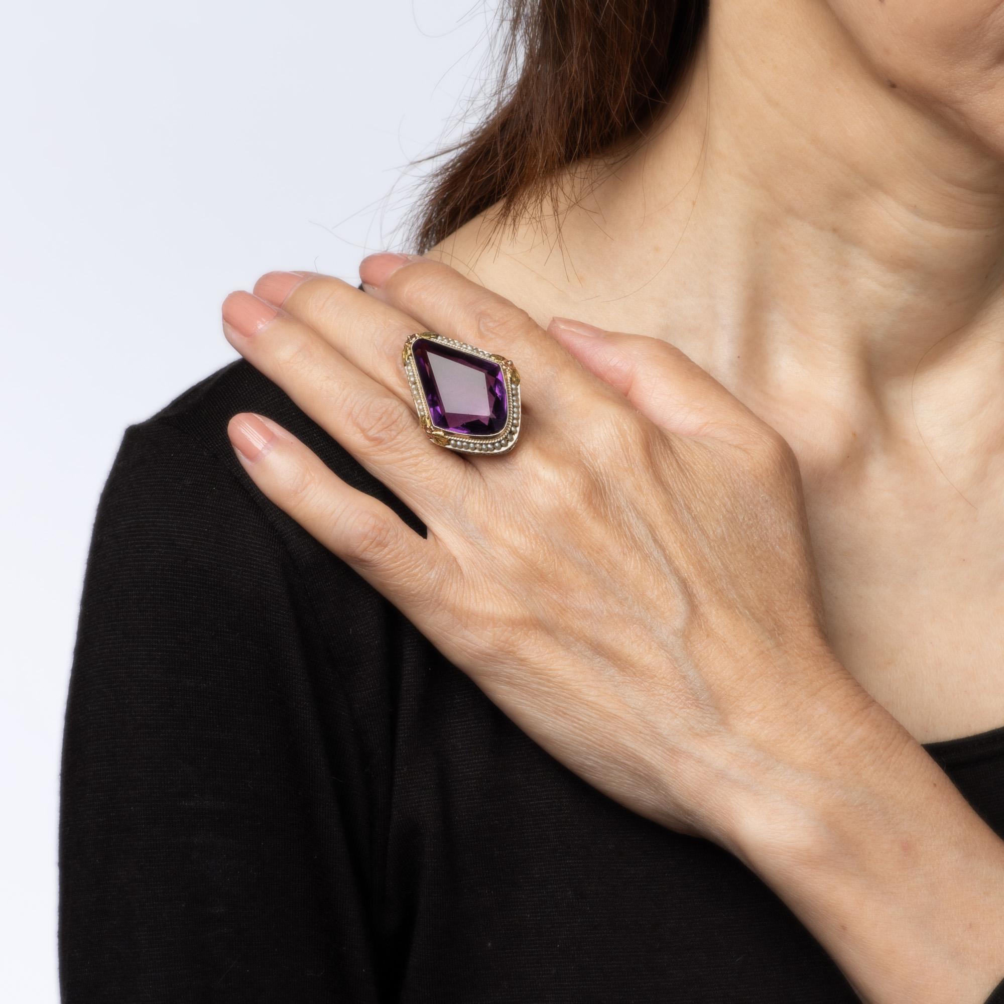 c1920s Vintage Art Deco Amethyst Ring Pearl Filigree 18k White Gold Oval Sz 8 For Sale 1