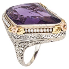 c1920s Vintage Art Deco Amethyst Ring Pearl Filigree 18k White Gold Oval Sz 8