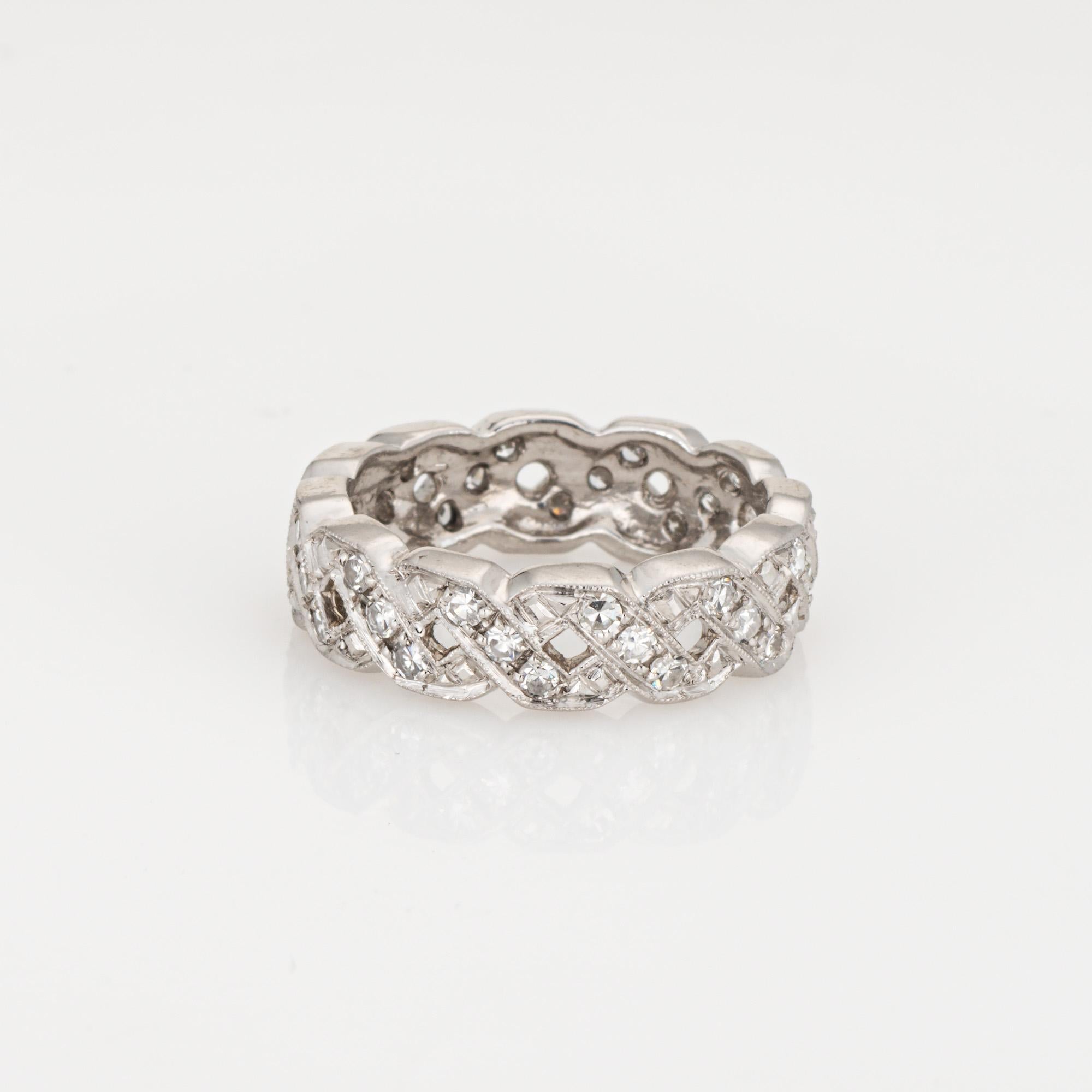 Round Cut c1920s Vintage Art Deco Diamond Band Sz 5.75 Platinum Braided Ring Eternity For Sale