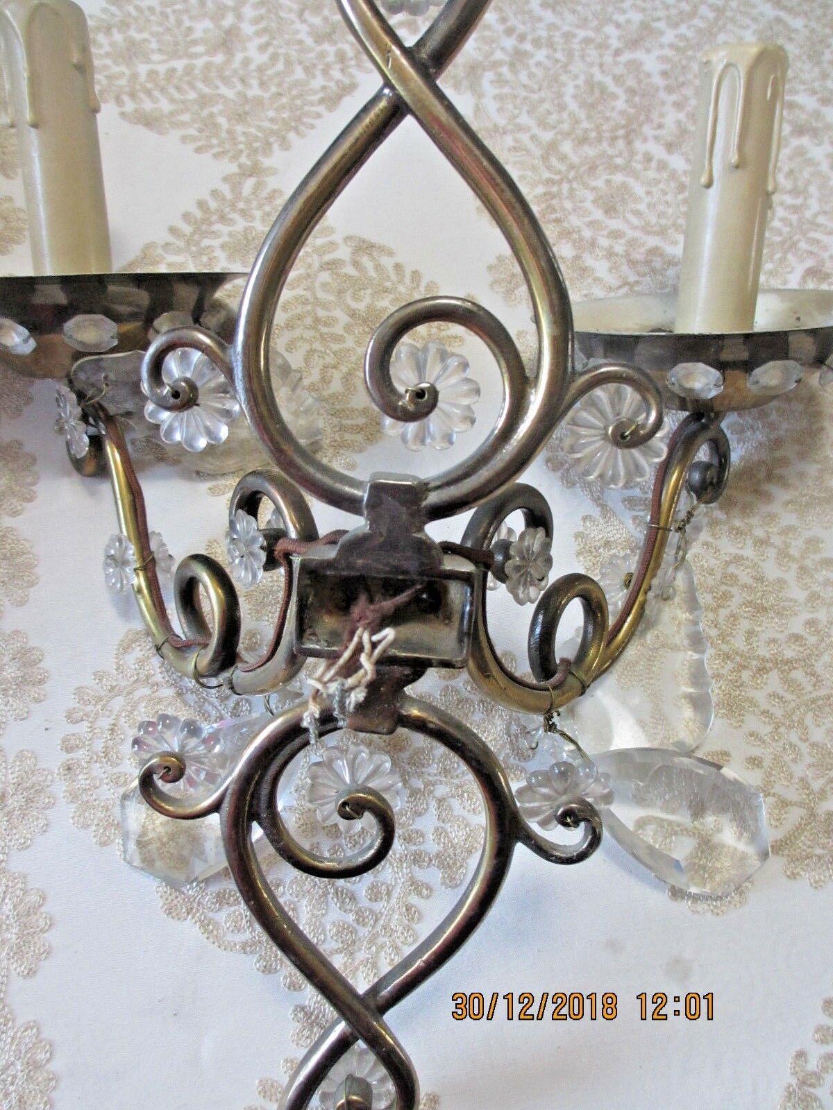 Metal c1925 French Art Deco attrib. Maison Bagues Crystal/ Scrolled Iron Wall Sconces For Sale