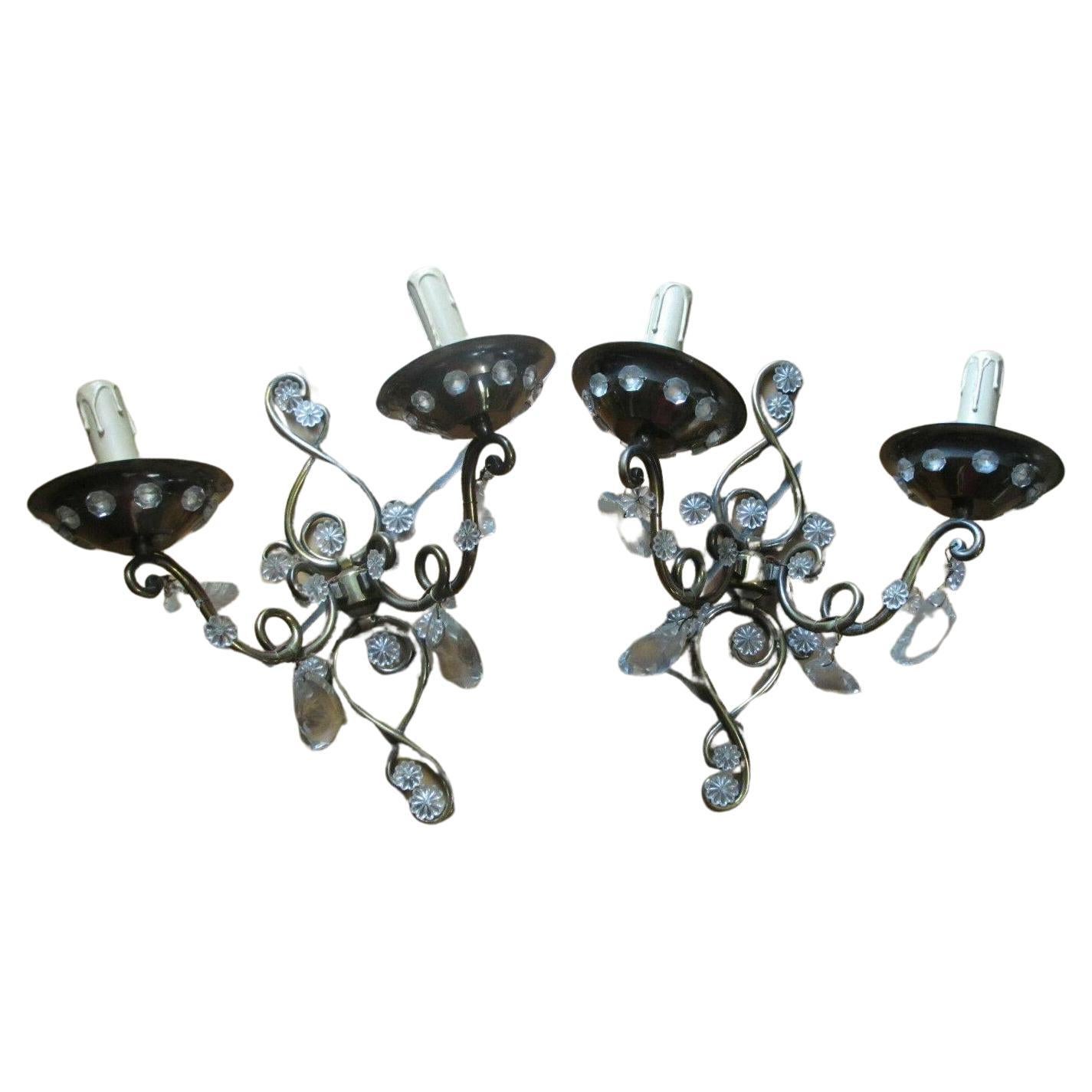 c1925 French Art Deco attrib. Maison Bagues Crystal/ Scrolled Iron Wall Sconces For Sale