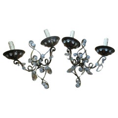 Antique c1925 French Art Deco attrib. Maison Bagues Crystal/ Scrolled Iron Wall Sconces