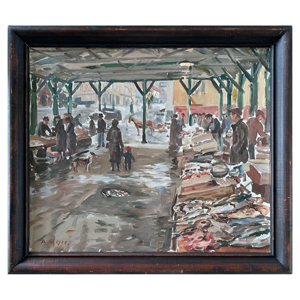 c.1930/40s Oil Painting "Fish Market in Trondheim" by Arthur Meyer (1907-1984) For Sale