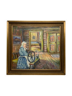 ca. 1930/40er Jahre Ölgemälde "Alte Frau am Spinnrad" von Hjalmar Anthony (1894-?)
