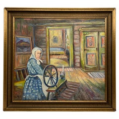 c.1930/40s Oil Painting "Old Woman at Spinning Wheel" by Hjalmar Anthony(1894-?)