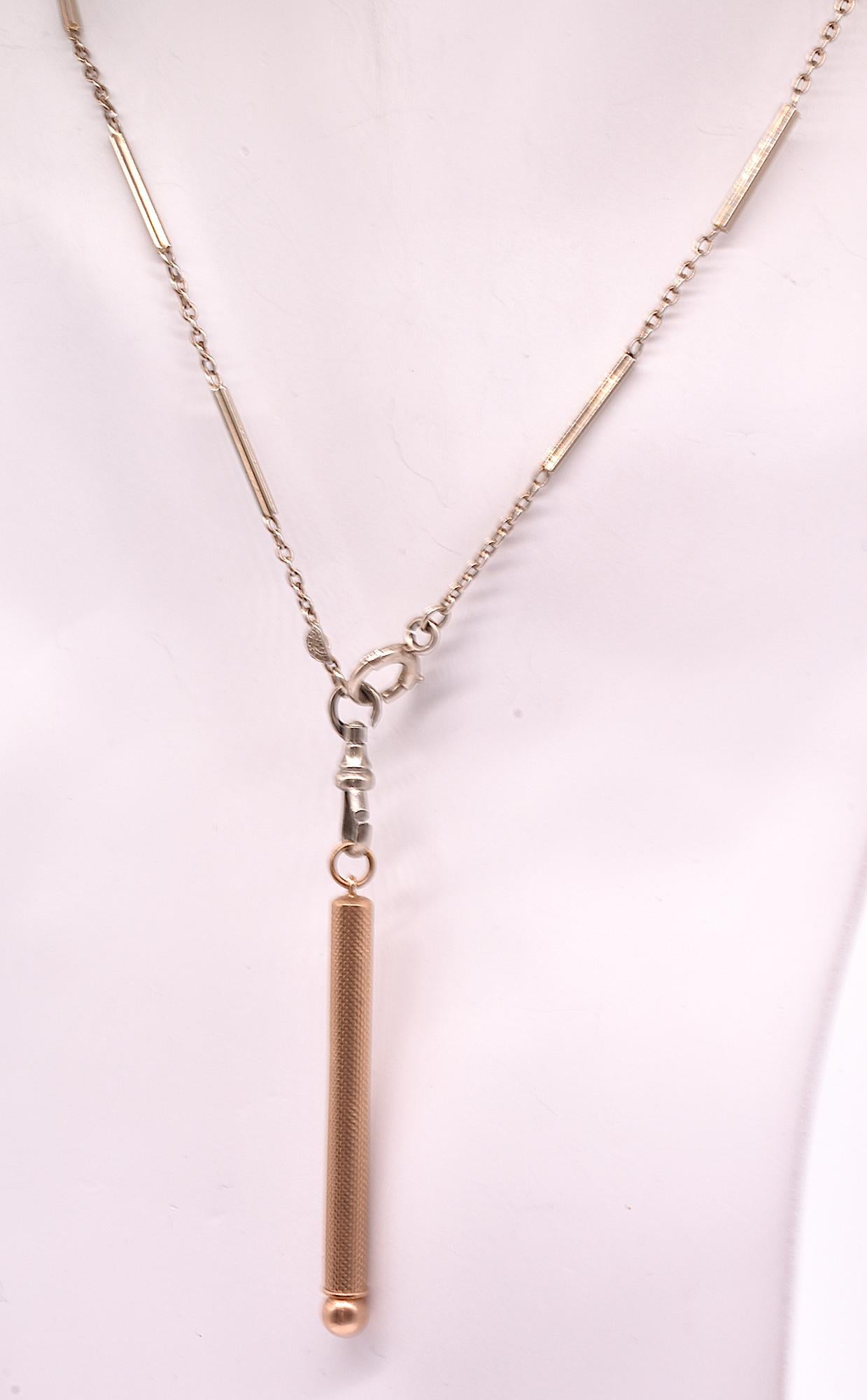 An unusual gold toothpick enclosed in a chic case for you to attach to a chain and have at the ready anytime you need one. This is the pendant you need to have with the rest of your 