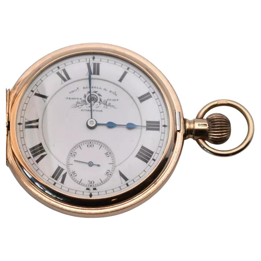 C1930 9ct Gold Thos Russell & Son Liverpool 15 Jewels Half Hunter Pocket Watch