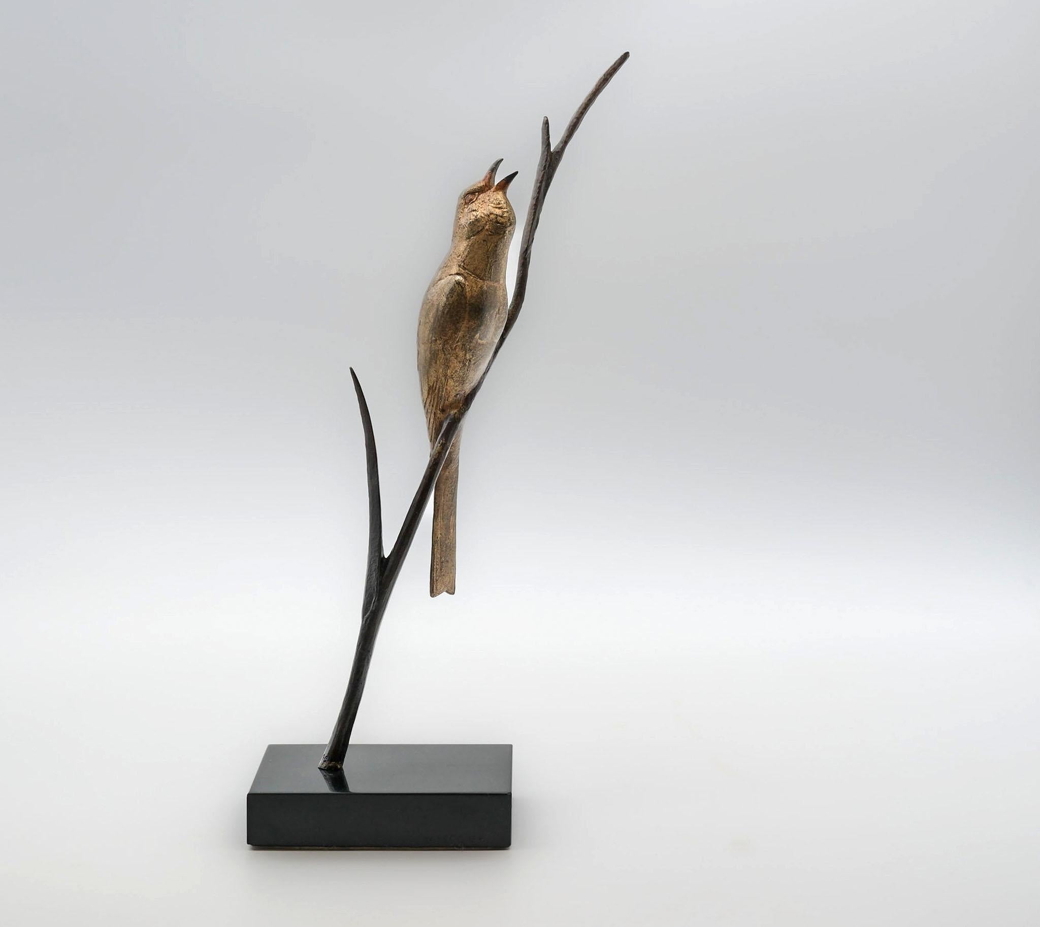 A beautiful bronze sculpture of a warbler calling on a branch, mounted on a black marble plinth. By Andre Vincent Becquerel (French, 1893-1981). Signed by the artist and numbered 96, along with a faint possible foundry mark. Circa 1930.

The