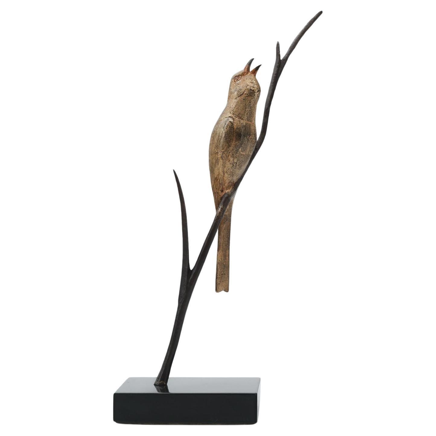 C.1930 Andre Vincent Becquerel Bird On A Branch, Signed, Gilt Bronze Marble Base