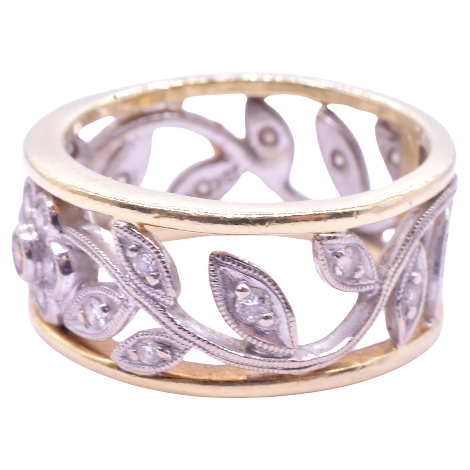 Baguette Cut C1930 18K Gold Flower Band Ring w Diamond Accents